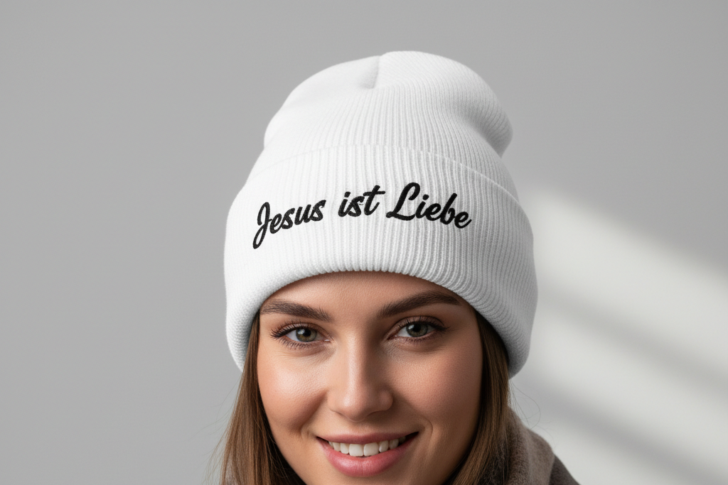 Person mit weißer Mütze "Jesus ist Liebe"
